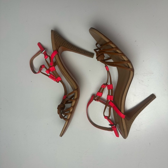 ‼️CLEARANCE!!! Couch Tan Strappy Neon Orange Strap Lana Leather Skinny Heel 10‼️ - Picture 5 of 16